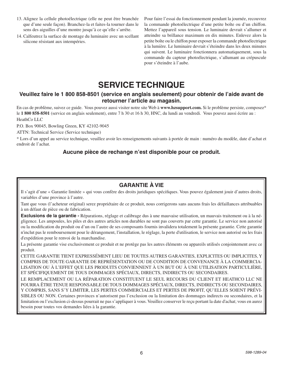 Service technique | Heath Zenith UTILITECH UT-9272-BZ User Manual | Page 6 / 8