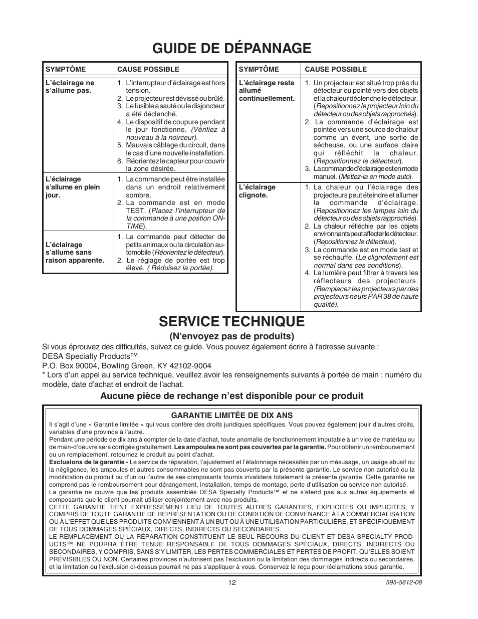 Guide de dépannage, Service technique, N'envoyez pas de produits) | Heath Zenith SL-9525 User Manual | Page 12 / 12
