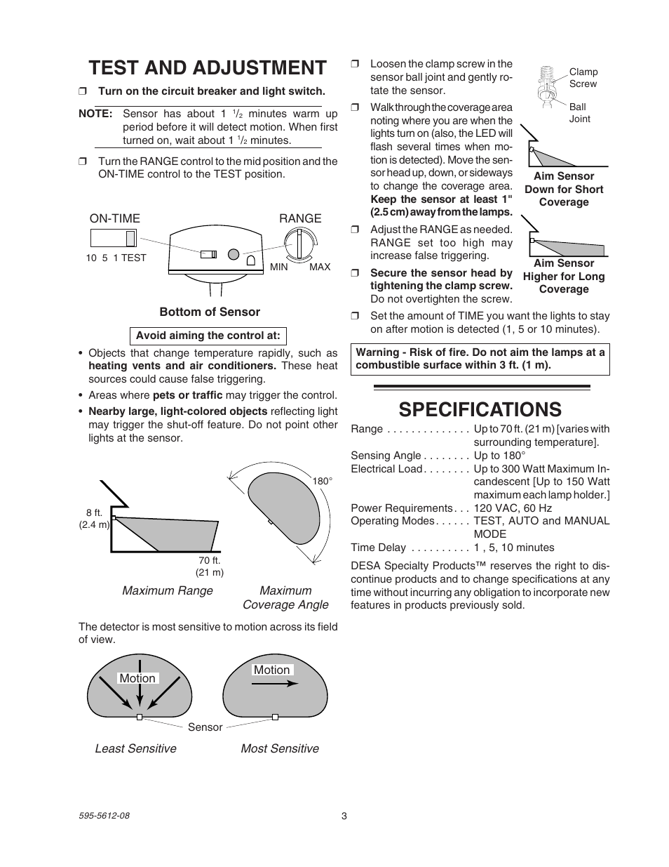 Test and adjustment, Specifications | Heath Zenith SL-9525 User Manual | Page 3 / 12