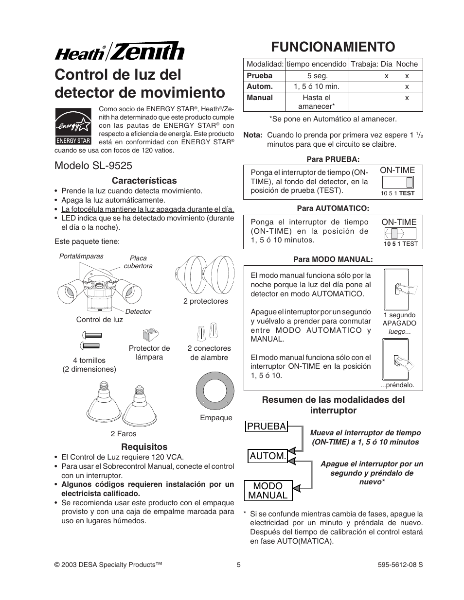 Control de luz del detector de movimiento, Funcionamiento, Modelo sl-9525 | Prueba autom. modo manual | Heath Zenith SL-9525 User Manual | Page 5 / 12