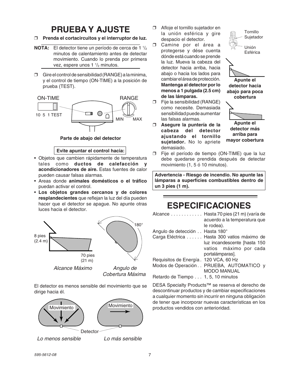 Prueba y ajuste, Especificaciones | Heath Zenith SL-9525 User Manual | Page 7 / 12