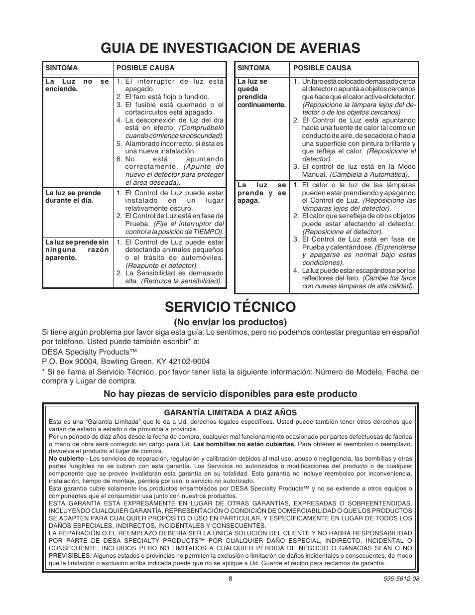 Guia de investigacion de averias, Servicio técnico, No enviar los productos) | Heath Zenith SL-9525 User Manual | Page 8 / 12