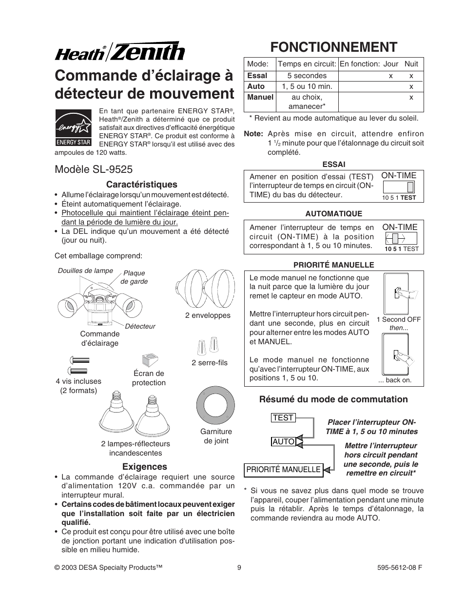 Commande d’éclairage à détecteur de mouvement, Fonctionnement, Modèle sl-9525 | Heath Zenith SL-9525 User Manual | Page 9 / 12