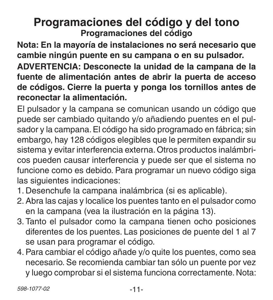 Programaciones del código y del tono | Heath Zenith 3035698 (AC-6190) User Manual | Page 11 / 24