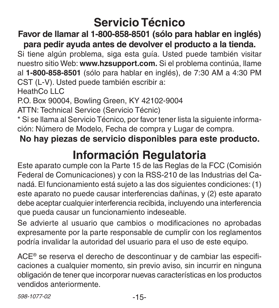 Servicio técnico, Información regulatoria | Heath Zenith 3035698 (AC-6190) User Manual | Page 15 / 24