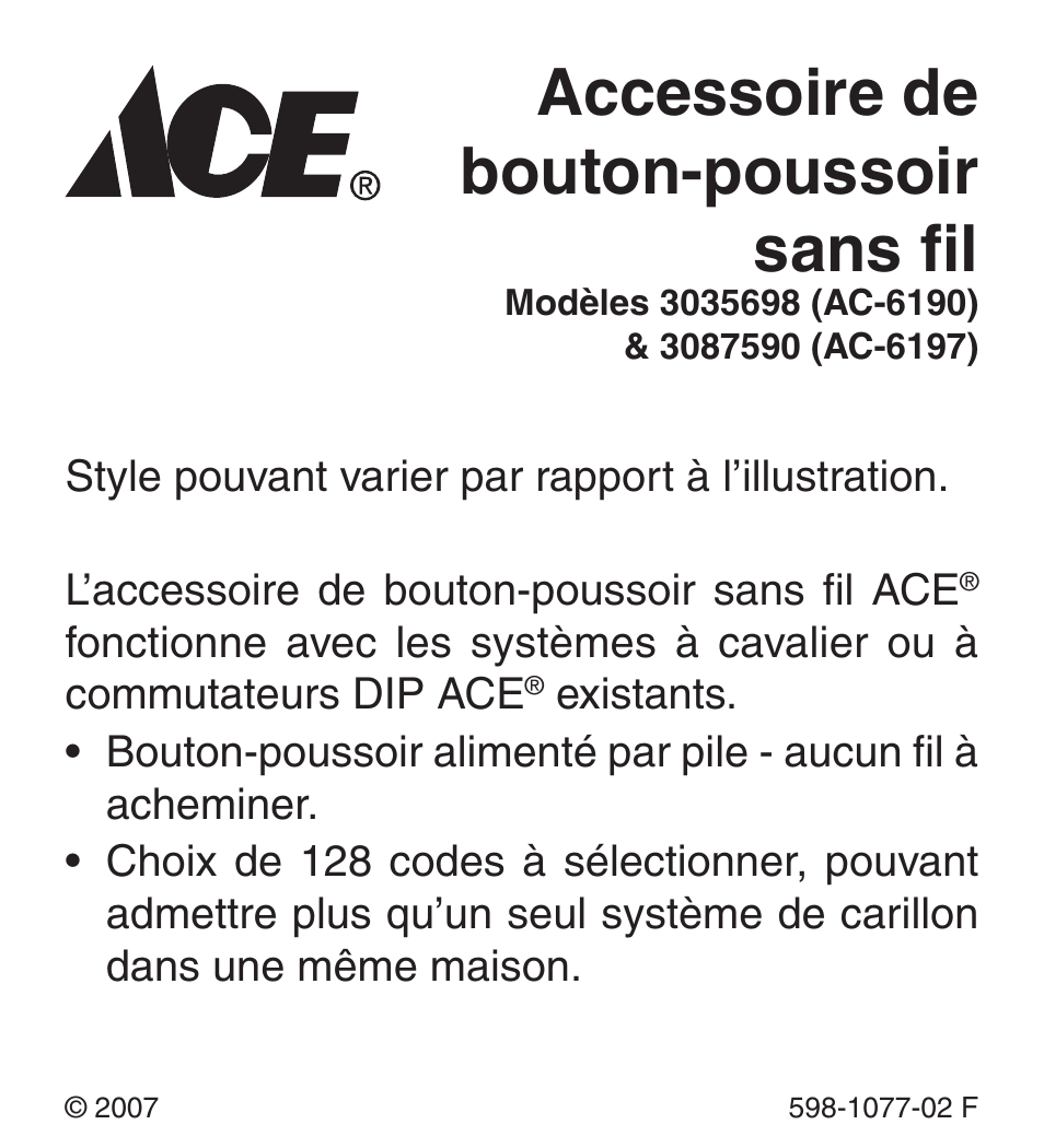 Accessoire de bouton-poussoir sans fil | Heath Zenith 3035698 (AC-6190) User Manual | Page 17 / 24