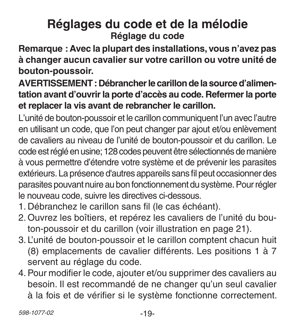 Réglages du code et de la mélodie | Heath Zenith 3035698 (AC-6190) User Manual | Page 19 / 24