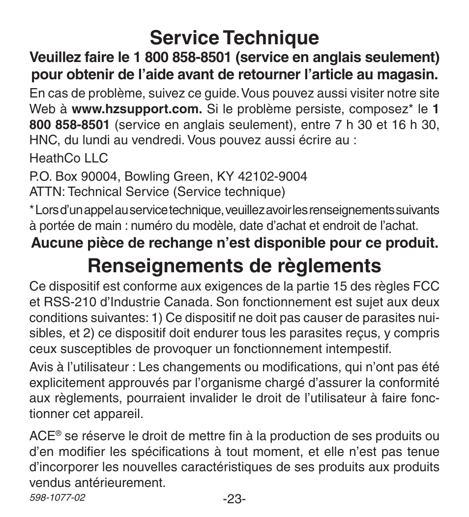 Service technique, Renseignements de règlements | Heath Zenith 3035698 (AC-6190) User Manual | Page 23 / 24