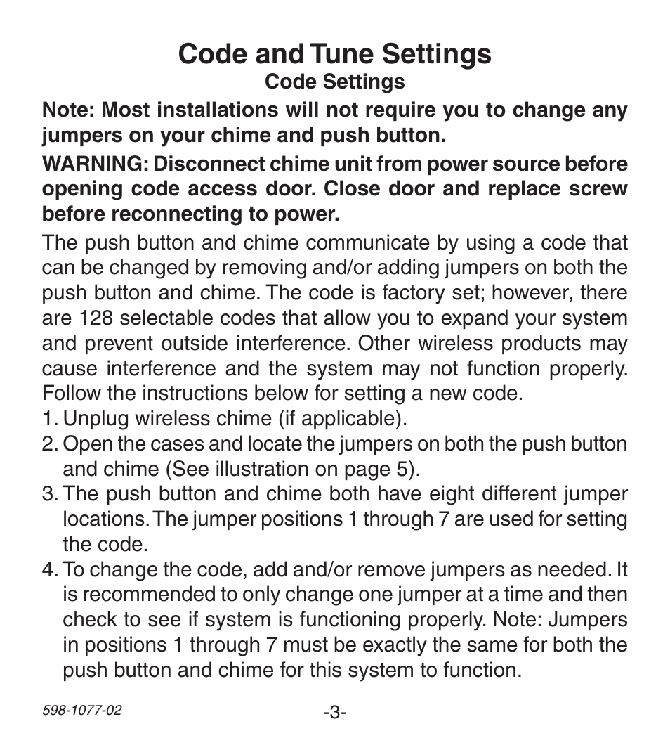 Code and tune settings | Heath Zenith 3035698 (AC-6190) User Manual | Page 3 / 24
