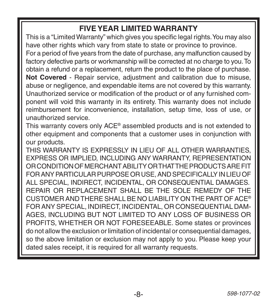 Five year limited warranty | Heath Zenith 3035698 (AC-6190) User Manual | Page 8 / 24