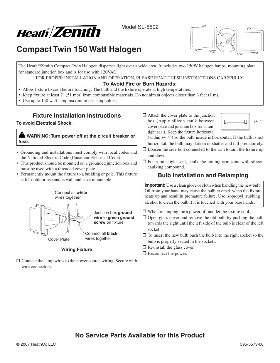 Heath Zenith Compact Twin 150 Watt Halogen SL-5502 User Manual | 4 pages