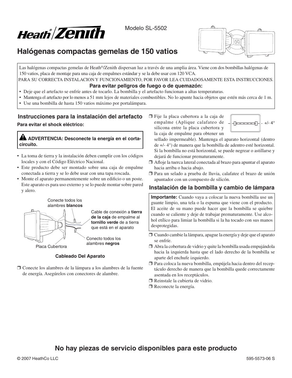 Halógenas compactas gemelas de 150 vatios | Heath Zenith Compact Twin 150 Watt Halogen SL-5502 User Manual | Page 2 / 4