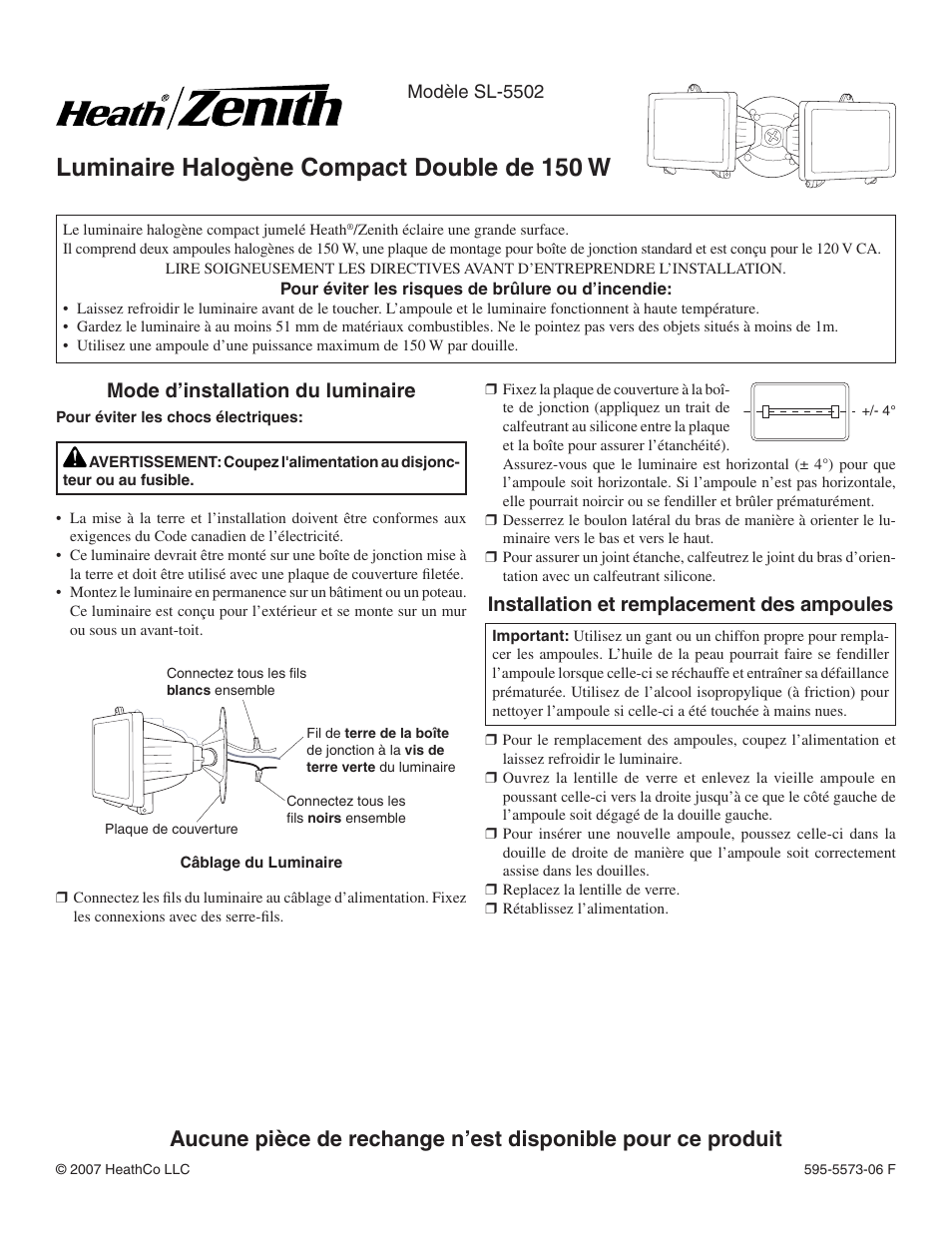 Luminaire halogène compact double de 150 w, Installation et remplacement des ampoules, Mode d’installation du luminaire | Heath Zenith Compact Twin 150 Watt Halogen SL-5502 User Manual | Page 3 / 4
