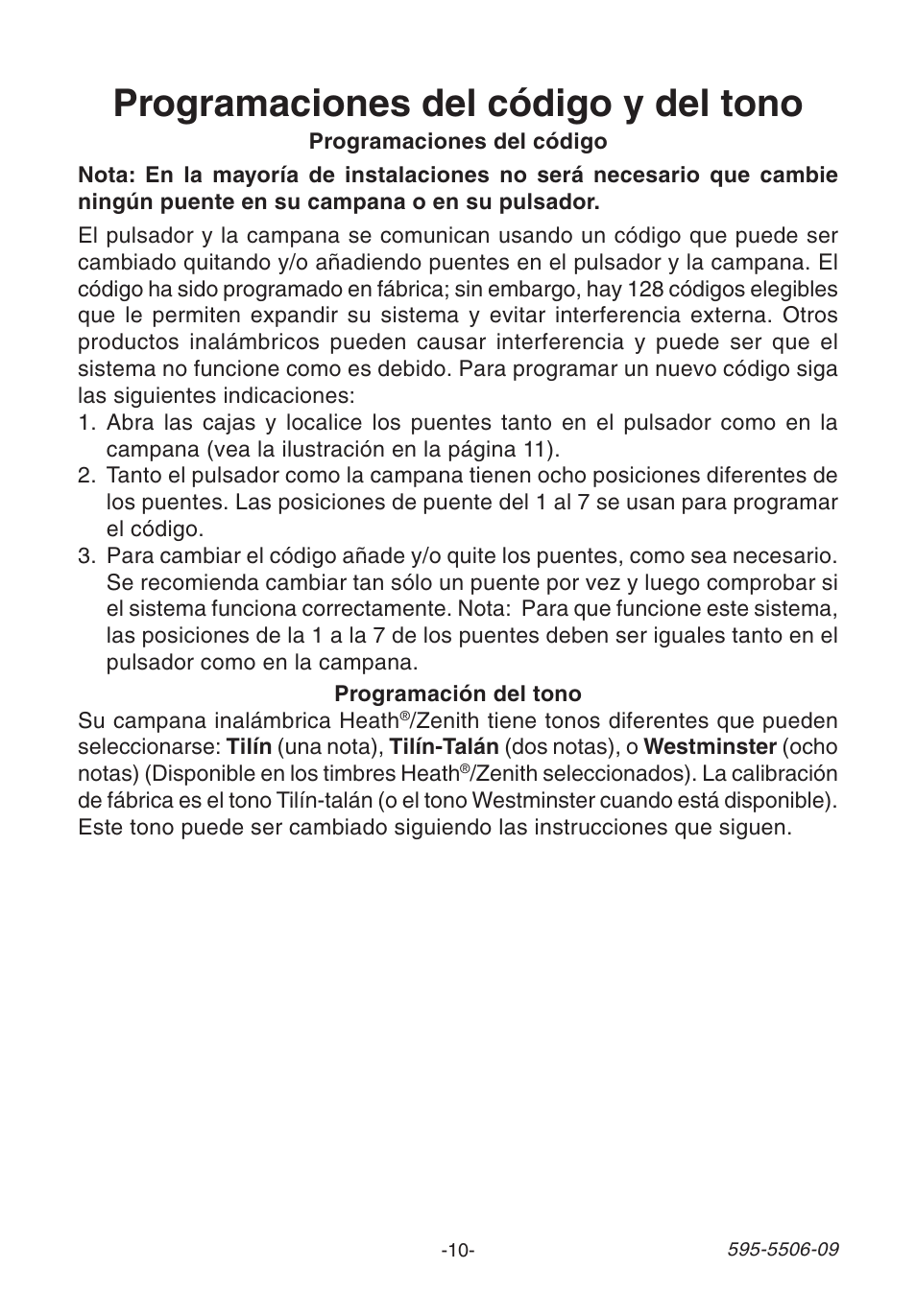 Programaciones del código y del tono | Heath Zenith 6280 User Manual | Page 10 / 20