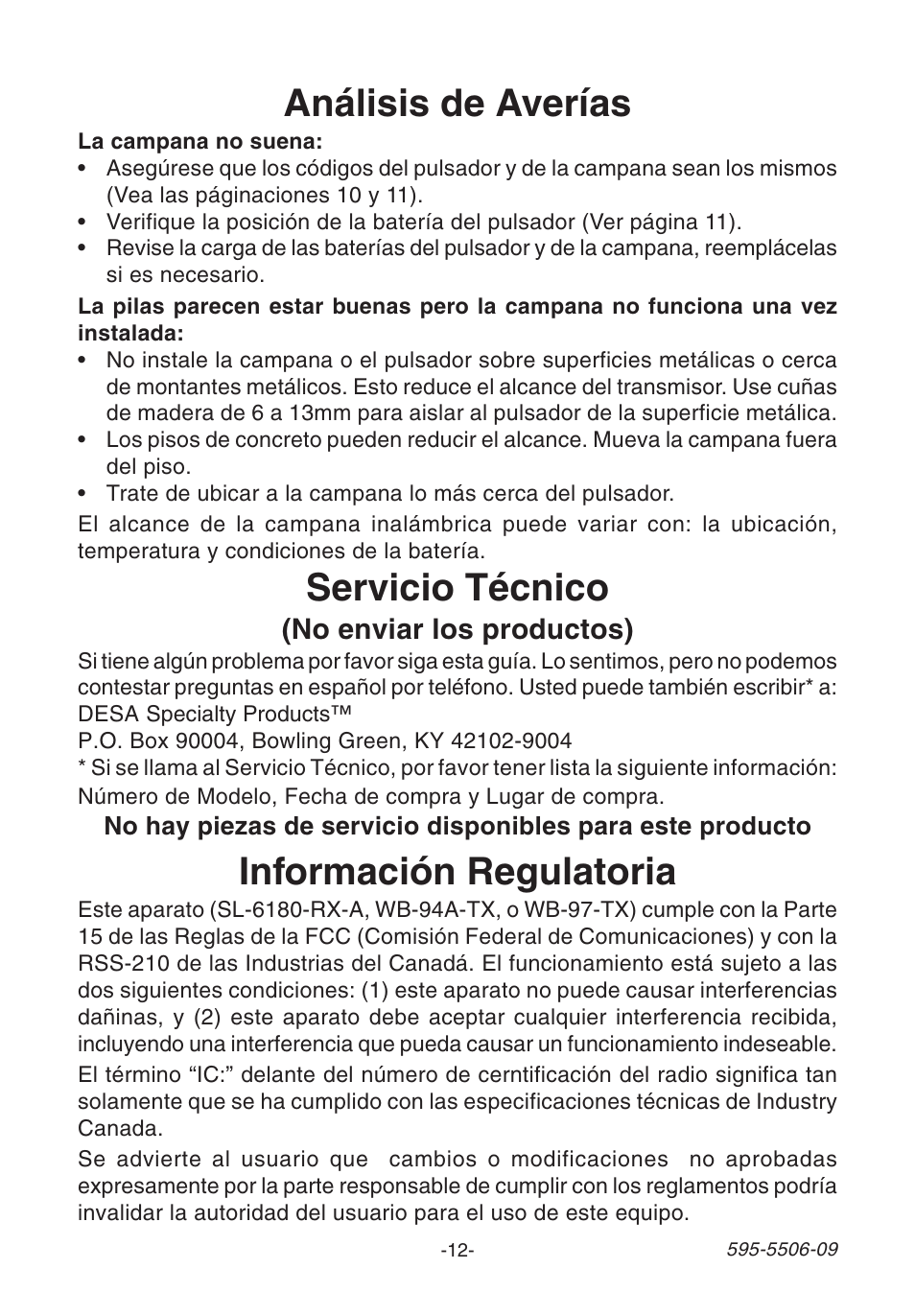 Análisis de averías, Información regulatoria, Servicio técnico | No enviar los productos) | Heath Zenith 6280 User Manual | Page 12 / 20