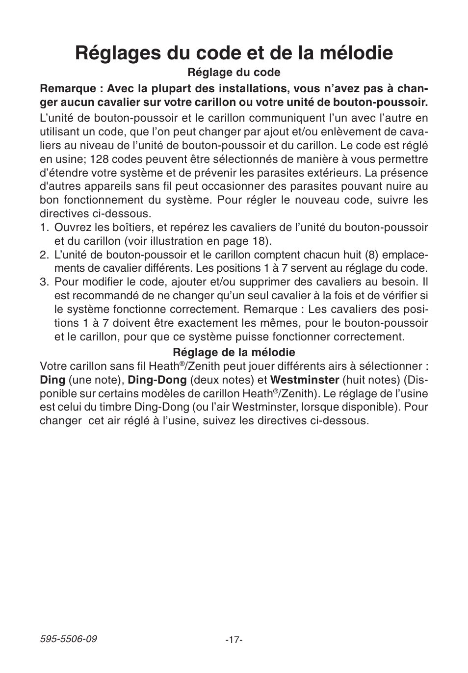 Réglages du code et de la mélodie | Heath Zenith 6280 User Manual | Page 17 / 20