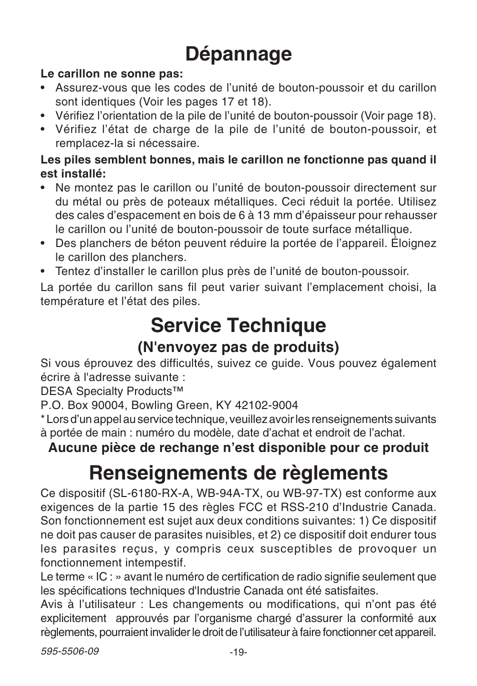 Renseignements de règlements, Dépannage, Service technique | N'envoyez pas de produits) | Heath Zenith 6280 User Manual | Page 19 / 20