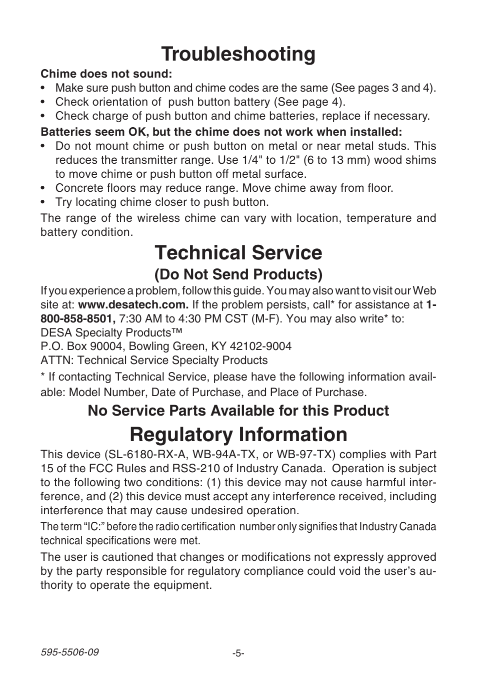 Troubleshooting, Regulatory information, Technical service | Do not send products), No service parts available for this product | Heath Zenith 6280 User Manual | Page 5 / 20