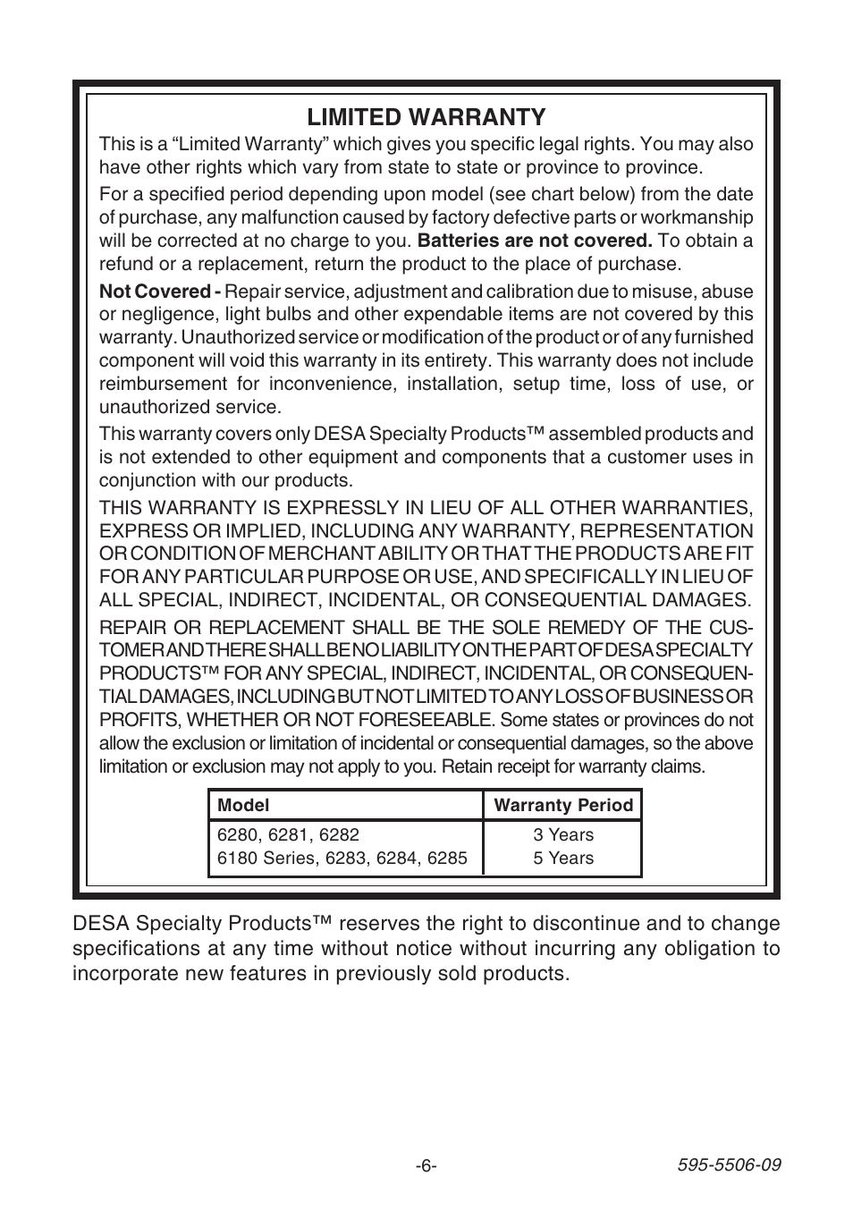 Limited warranty | Heath Zenith 6280 User Manual | Page 6 / 20