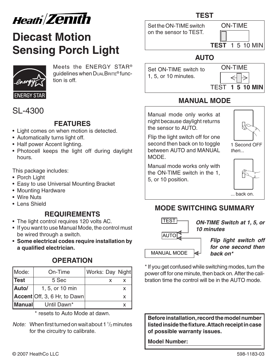 Heath Zenith Diecast Motion Sensing Porch Light SL-4300 User Manual | 20 pages