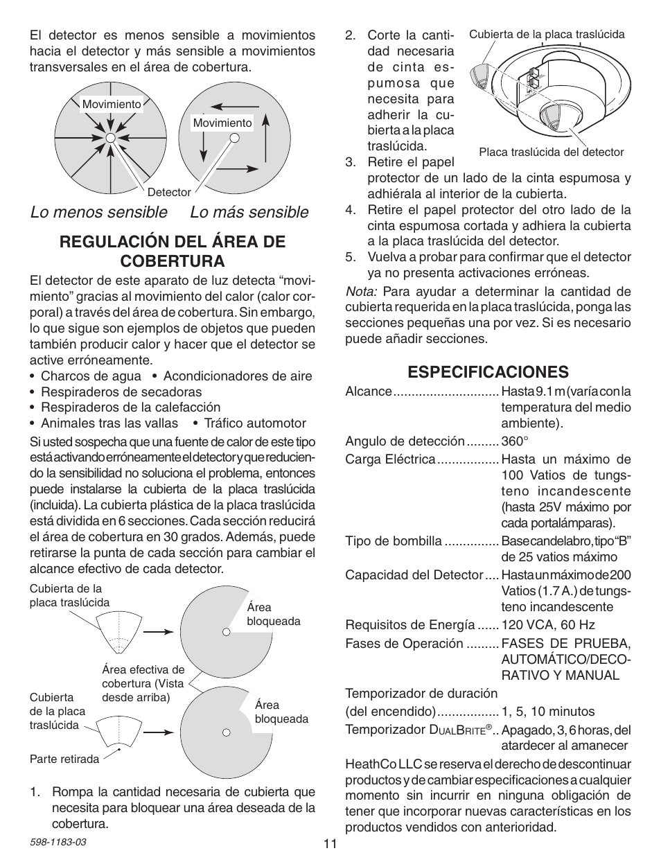 Especificaciones, Regulación del área de cobertura, Lo menos sensible lo más sensible | Heath Zenith Diecast Motion Sensing Porch Light SL-4300 User Manual | Page 11 / 20