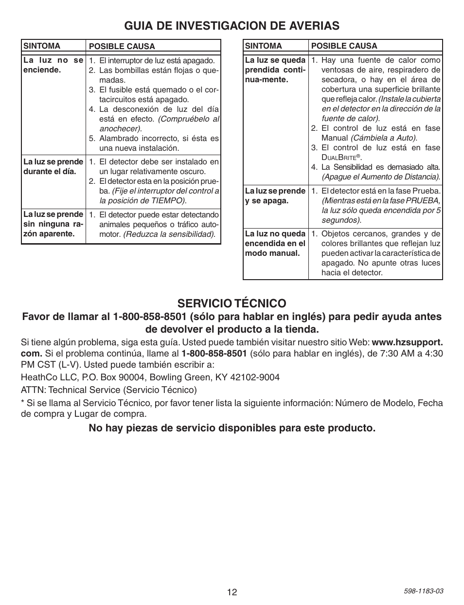Guia de investigacion de averias servicio técnico | Heath Zenith Diecast Motion Sensing Porch Light SL-4300 User Manual | Page 12 / 20