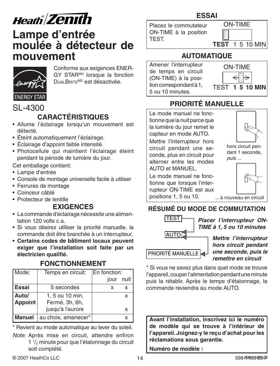 Lampe d’entrée moulée à détecteur de mouvement, Sl-4300, Caractéristiques | Exigences, Fonctionnement, Essai, Automatique, Priorité manuelle | Heath Zenith Diecast Motion Sensing Porch Light SL-4300 User Manual | Page 14 / 20