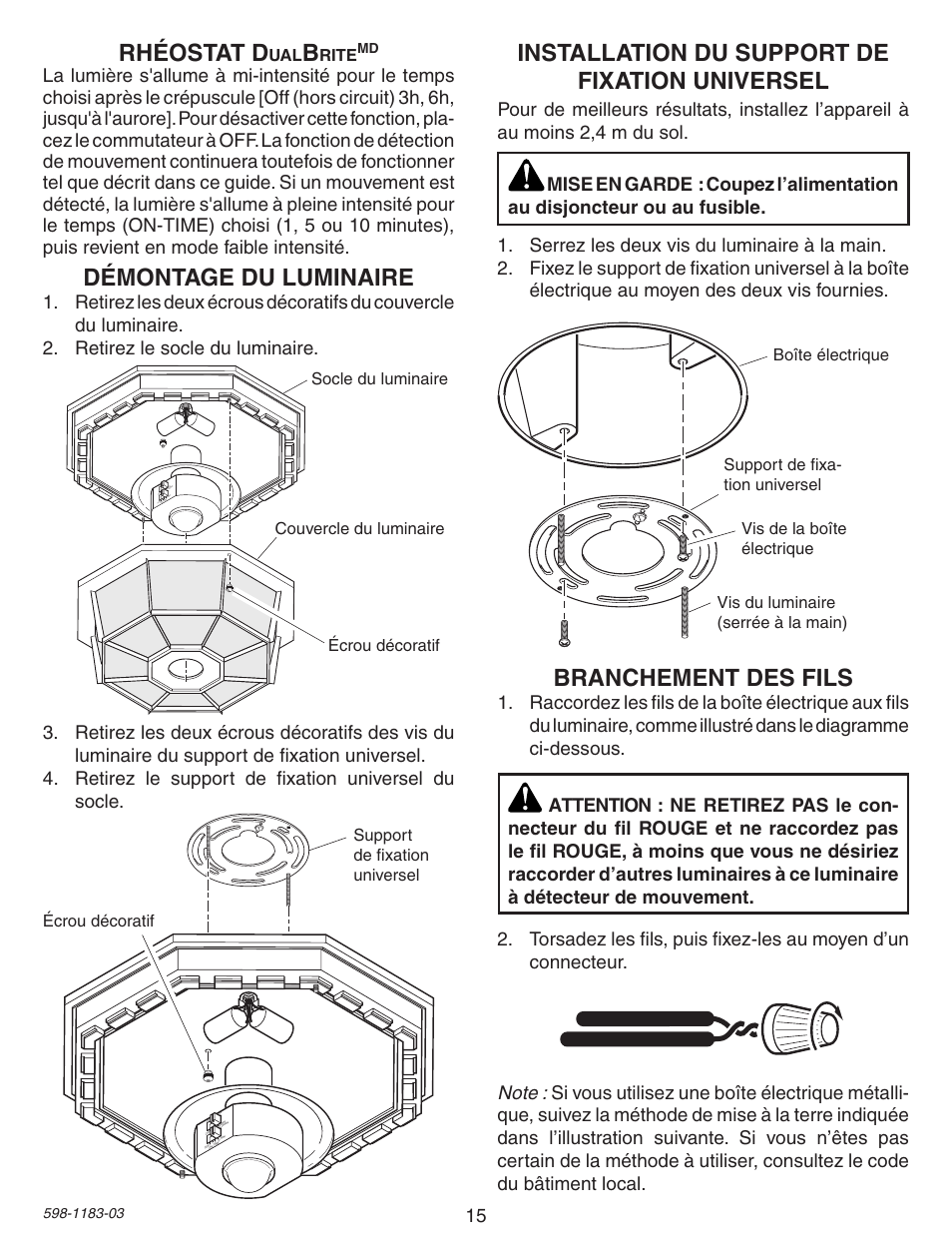 Installation du support de fixation universel, Branchement des fils, Démontage du luminaire | Rhéostat d | Heath Zenith Diecast Motion Sensing Porch Light SL-4300 User Manual | Page 15 / 20