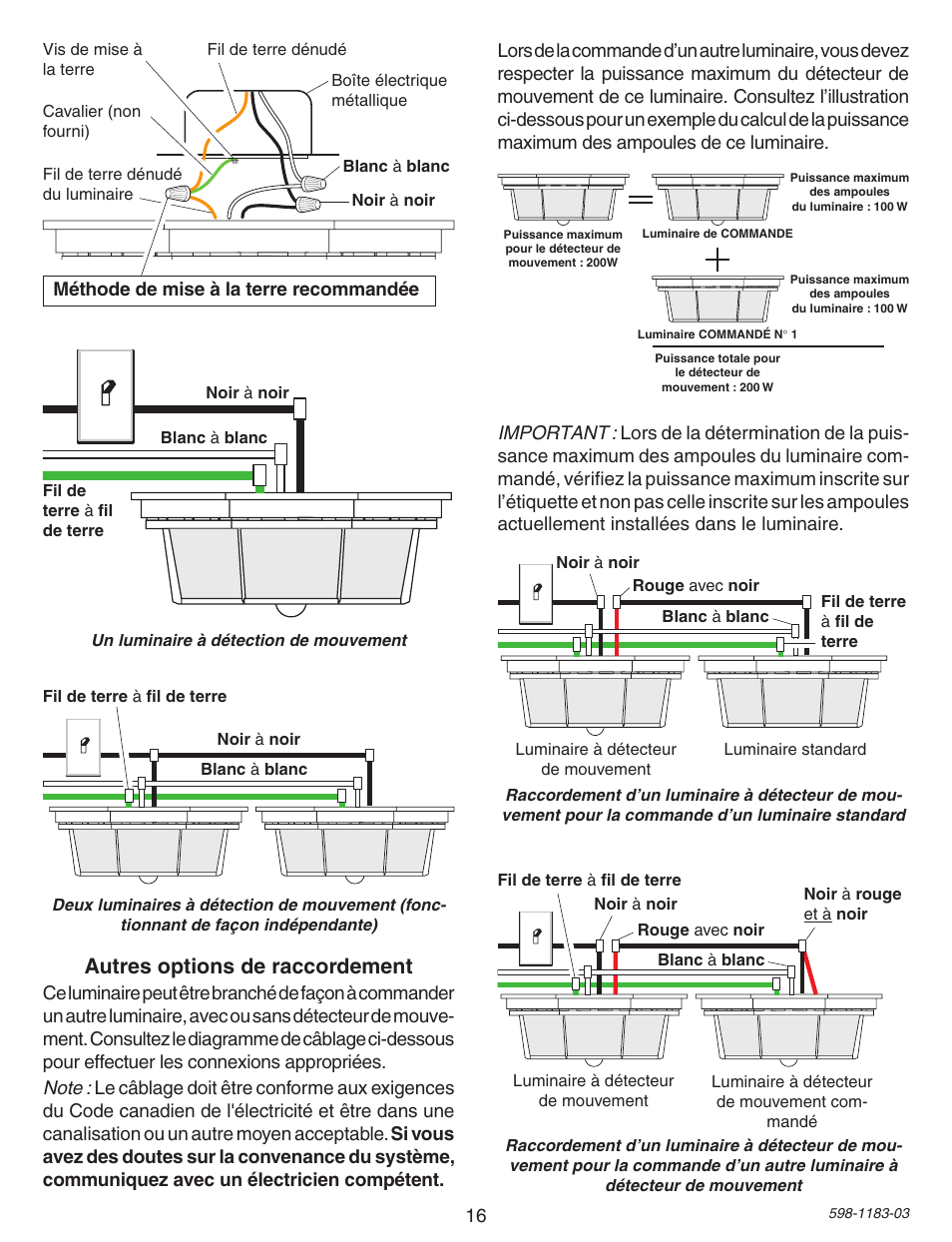 Autres options de raccordement, Méthode de mise à la terre recommandée | Heath Zenith Diecast Motion Sensing Porch Light SL-4300 User Manual | Page 16 / 20