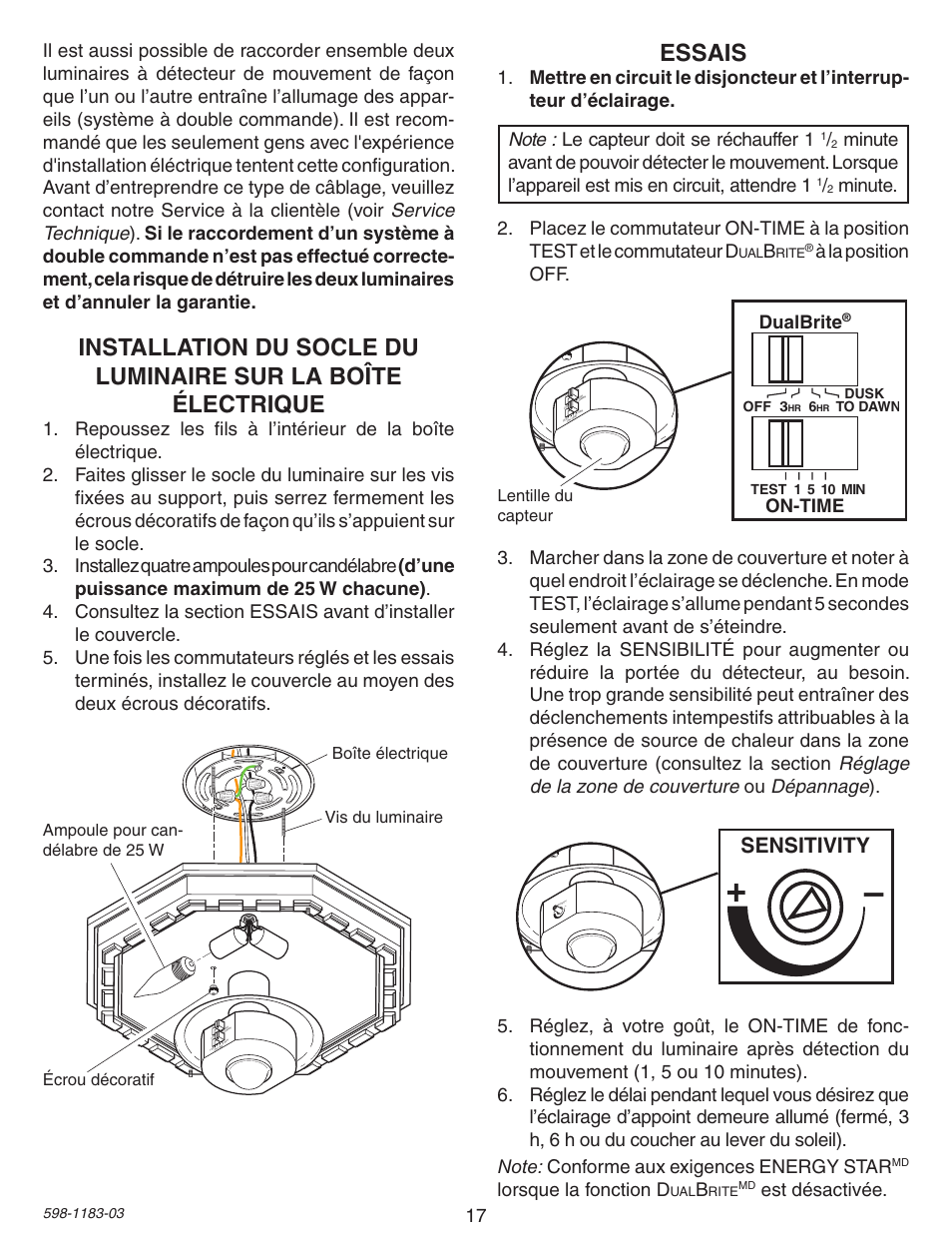 Essais, Sensitivity, Lorsque la fonction d | Est désactivée, Dualbrite, On-time, Lentille du capteur | Heath Zenith Diecast Motion Sensing Porch Light SL-4300 User Manual | Page 17 / 20