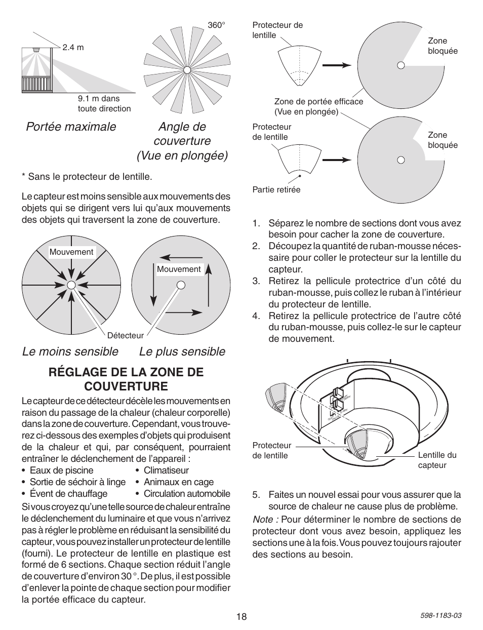 Le moins sensible le plus sensible, Réglage de la zone de couverture, Sans le protecteur de lentille | Heath Zenith Diecast Motion Sensing Porch Light SL-4300 User Manual | Page 18 / 20