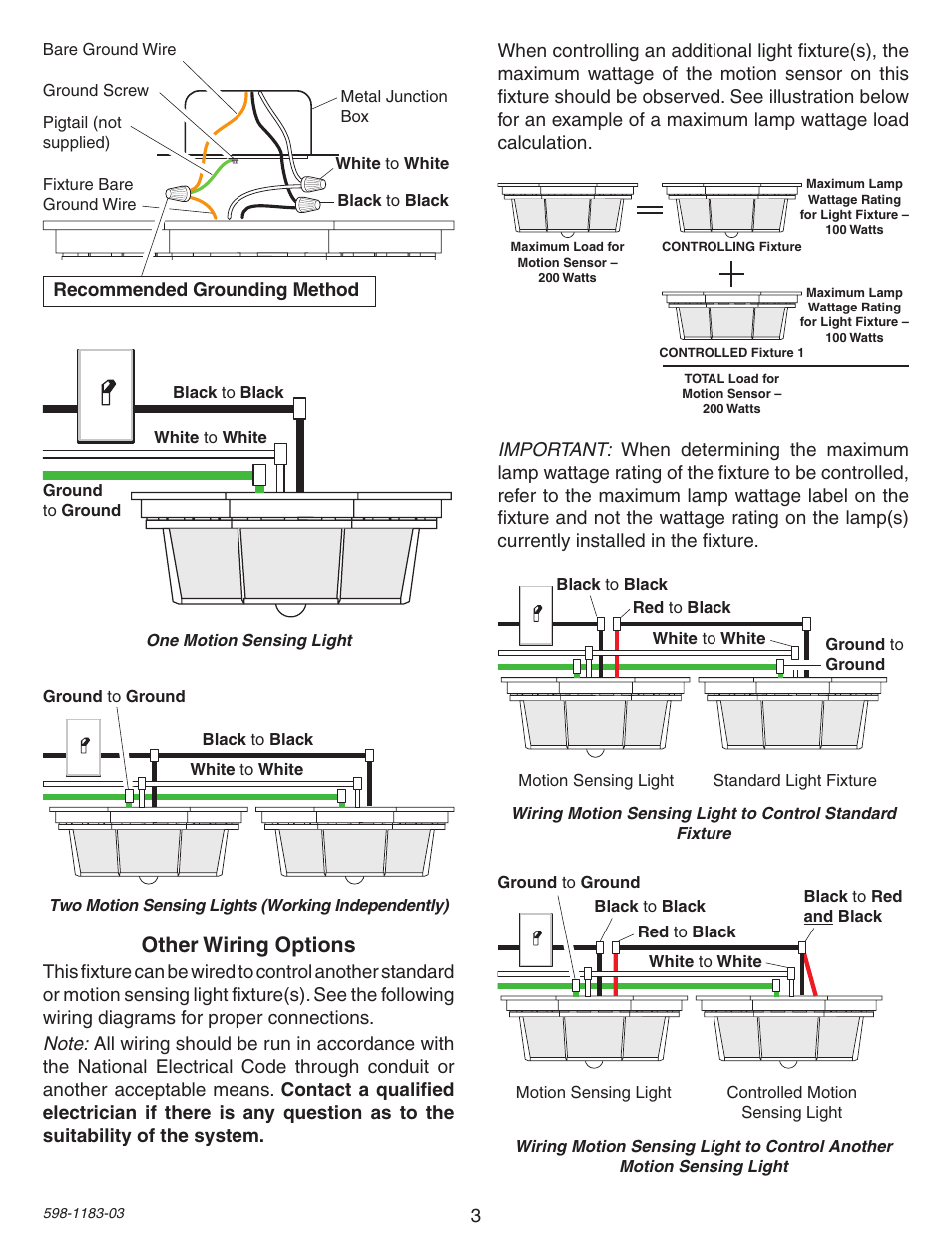 Other wiring options, Recommended grounding method | Heath Zenith Diecast Motion Sensing Porch Light SL-4300 User Manual | Page 3 / 20