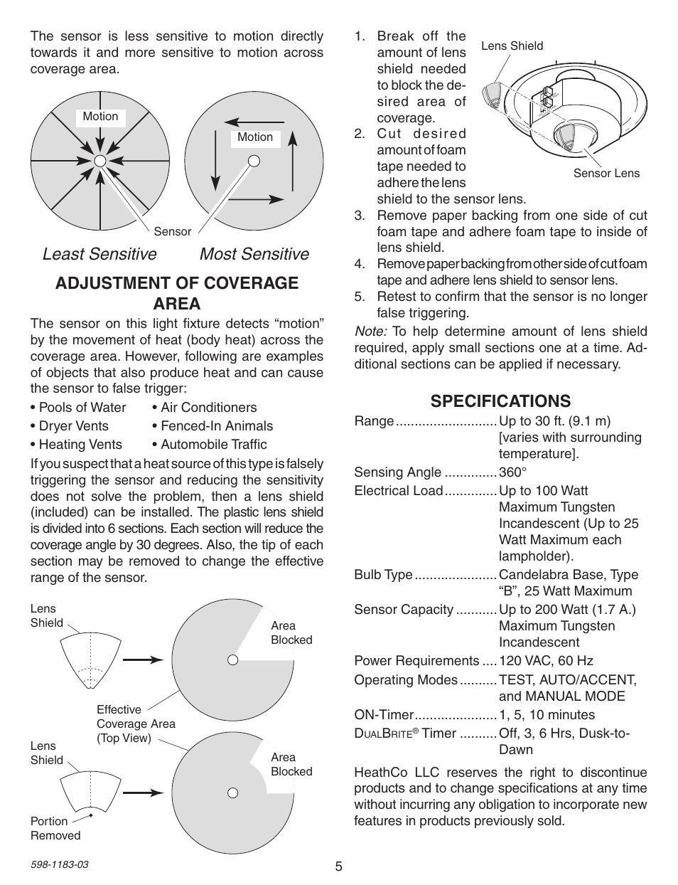 Least sensitive most sensitive, Specifications, Adjustment of coverage area | Heath Zenith Diecast Motion Sensing Porch Light SL-4300 User Manual | Page 5 / 20