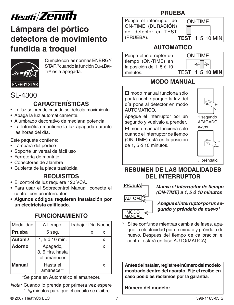 Sl-4300, Características, Requisitos | Funcionamiento, Prueba, Automatico, Resumen de las modalidades del interruptor, Modo manual | Heath Zenith Diecast Motion Sensing Porch Light SL-4300 User Manual | Page 7 / 20
