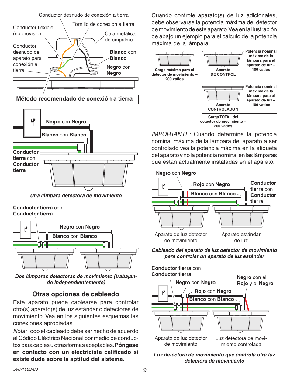 Otras opciones de cableado, Método recomendado de conexión a tierra | Heath Zenith Diecast Motion Sensing Porch Light SL-4300 User Manual | Page 9 / 20