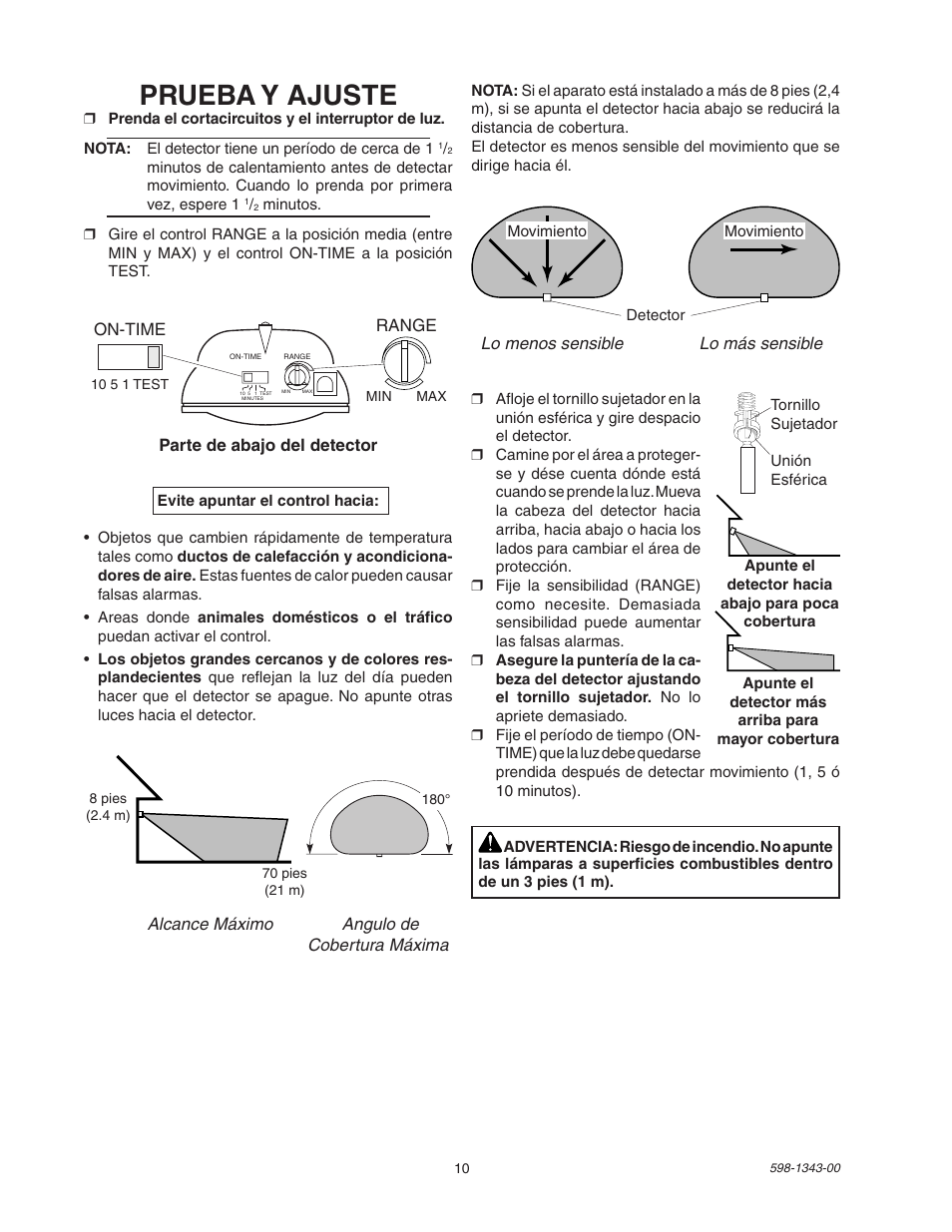 Prueba y ajuste | Heath Zenith SH-5311 User Manual | Page 10 / 20