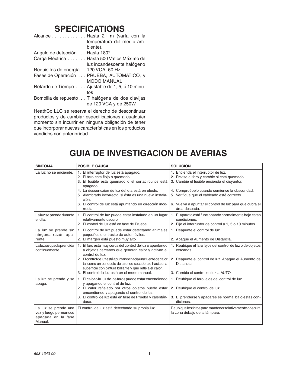 Specifications, Guia de investigacion de averias | Heath Zenith SH-5311 User Manual | Page 11 / 20