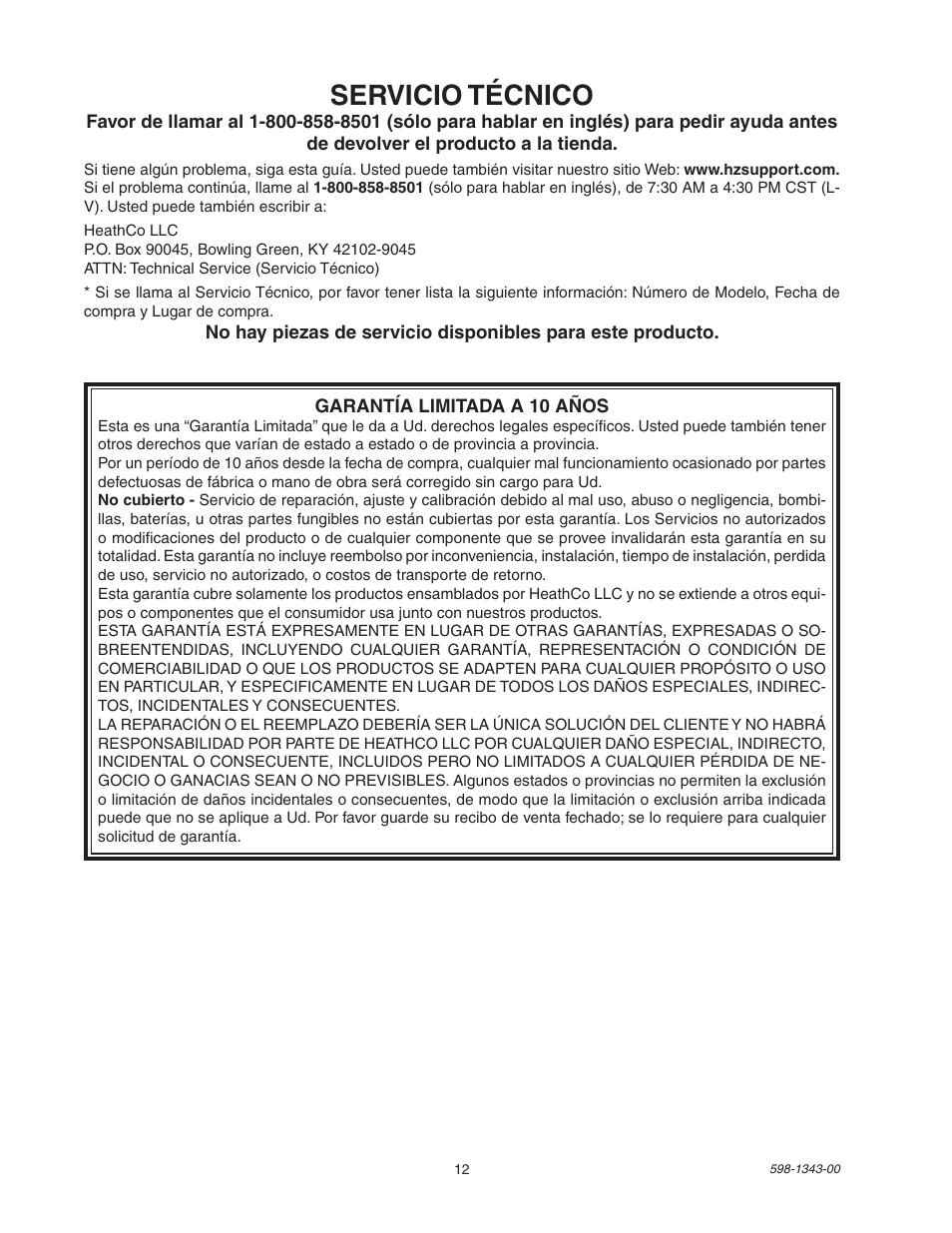 Servicio técnico | Heath Zenith SH-5311 User Manual | Page 12 / 20
