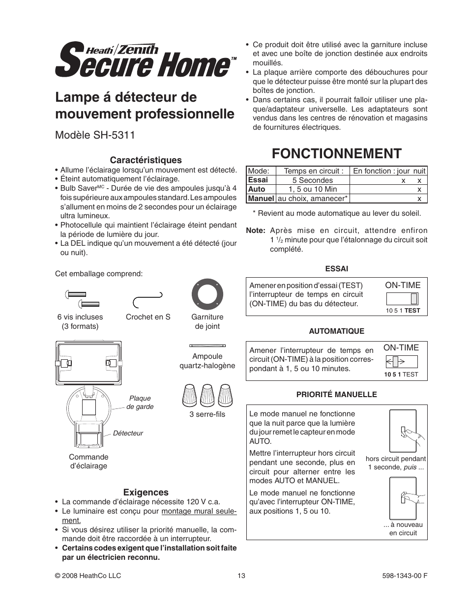 Lampe á détecteur de mouvement professionnelle, Fonctionnement, Modèle sh-5311 | Heath Zenith SH-5311 User Manual | Page 13 / 20