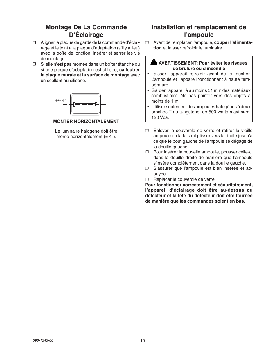 Montage de la commande d’éclairage, Installation et remplacement de l’ampoule | Heath Zenith SH-5311 User Manual | Page 15 / 20