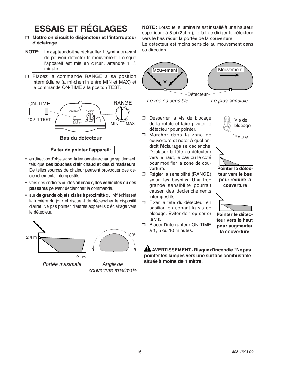 Essais et réglages | Heath Zenith SH-5311 User Manual | Page 16 / 20