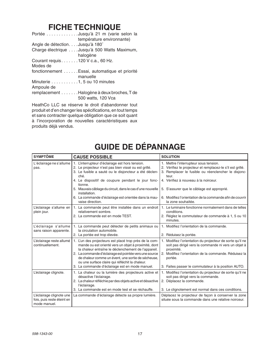 Guide de dépannage fiche technique | Heath Zenith SH-5311 User Manual | Page 17 / 20