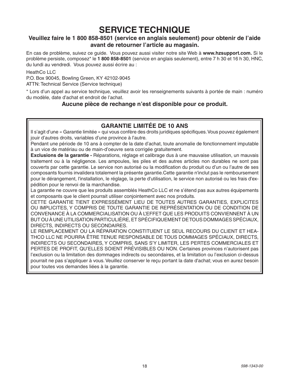 Service technique | Heath Zenith SH-5311 User Manual | Page 18 / 20