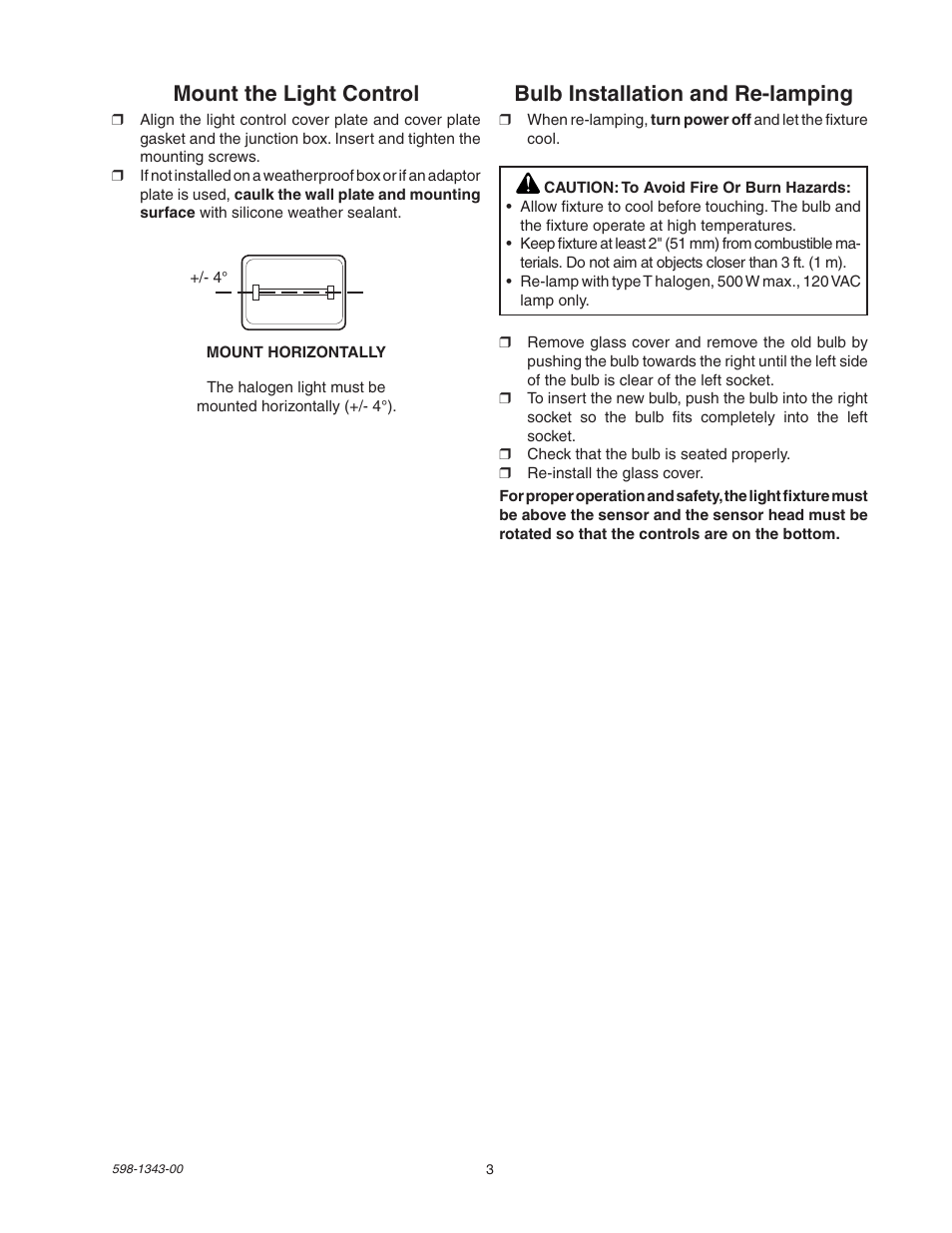Mount the light control, Bulb installation and re-lamping | Heath Zenith SH-5311 User Manual | Page 3 / 20