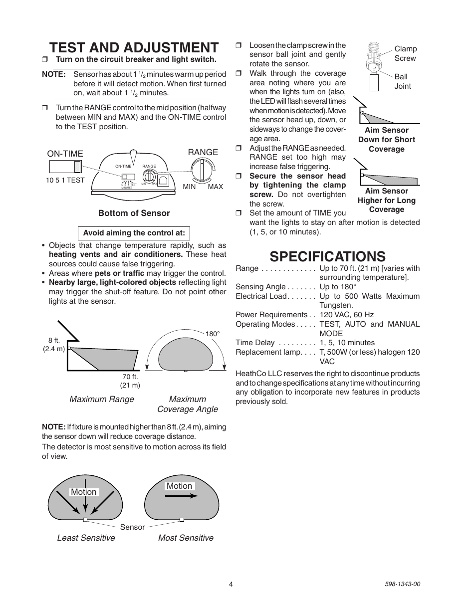 Test and adjustment, Specifications | Heath Zenith SH-5311 User Manual | Page 4 / 20