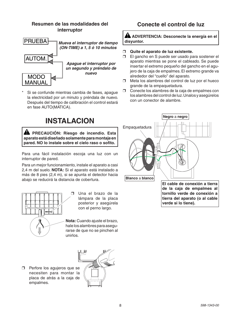 Instalacion, Conecte el control de luz, Prueba autom. modo manual | Heath Zenith SH-5311 User Manual | Page 8 / 20