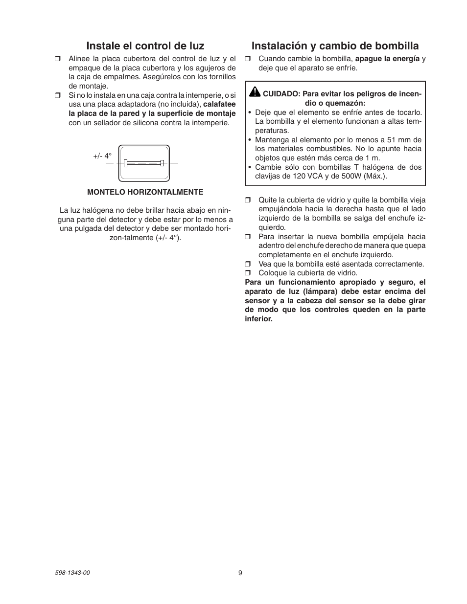 Instalación y cambio de bombilla, Instale el control de luz | Heath Zenith SH-5311 User Manual | Page 9 / 20