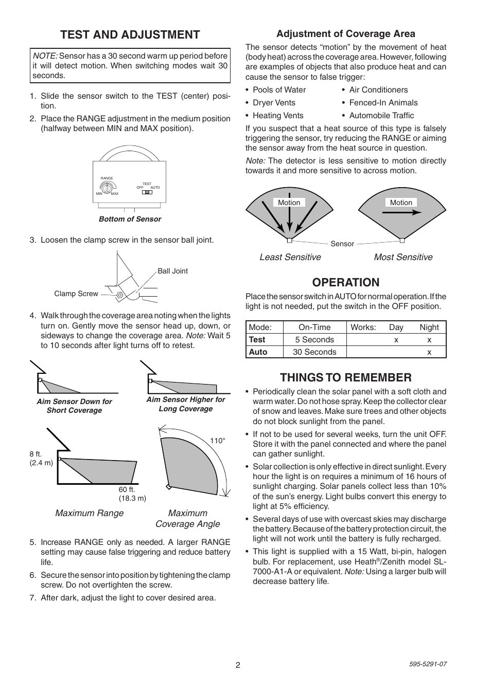 Test and adjustment, Operation, Things to remember | Adjustment of coverage area | Heath Zenith HEATH SL-7001 User Manual | Page 2 / 12