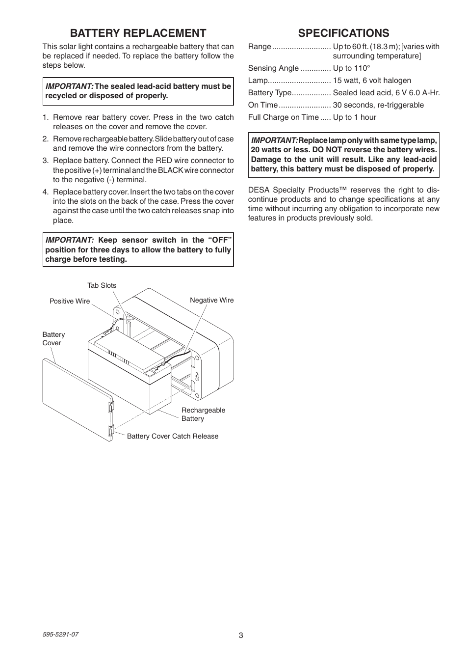 Specifications, Battery replacement | Heath Zenith HEATH SL-7001 User Manual | Page 3 / 12