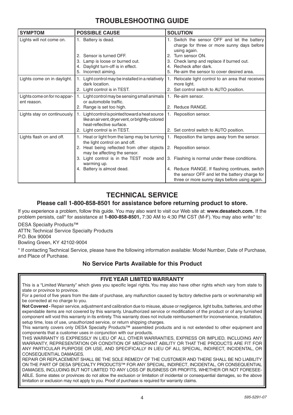 Technical service, Troubleshooting guide, No service parts available for this product | Heath Zenith HEATH SL-7001 User Manual | Page 4 / 12